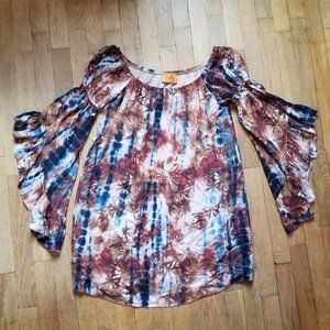 Voom by Joy Haan Tie Dye Long Bell Sleeve Flowy Boho Chic Mini Dress Size Small